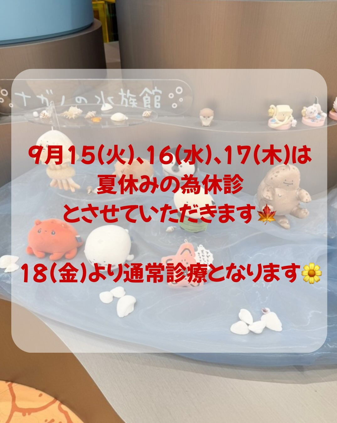 9月15(火)、16(水)、17(木)は夏休みの為休診とさせ