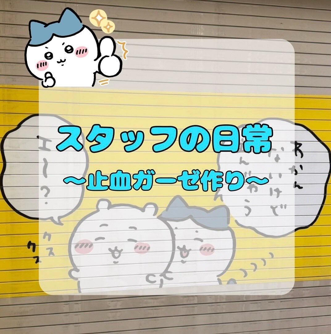 こんにちは！今回のスタッフの日常は止血ガーゼ作り編です😄